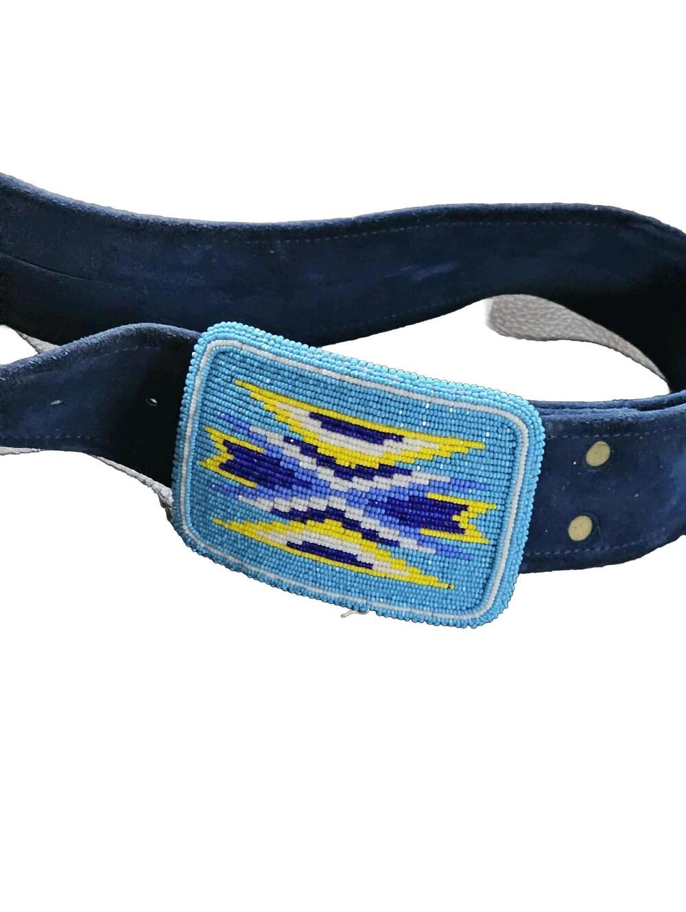 Native American Style Handmade Beaded D Buckle Blue Kit Belt 70s Vtg